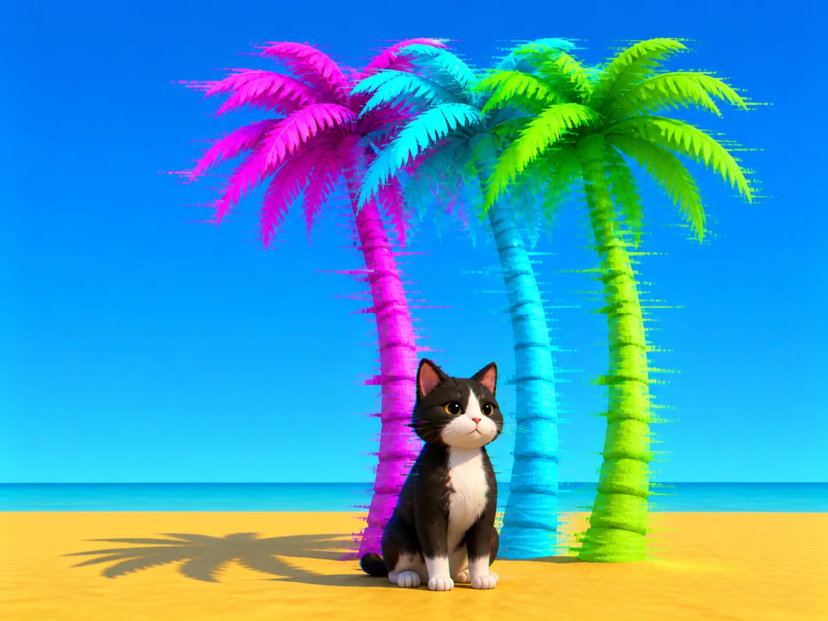 The kitten beside the low poly palm